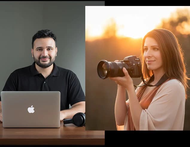 Maria holding a camera outdoors at sunset beside Luca working at a laptop, in a split portrait