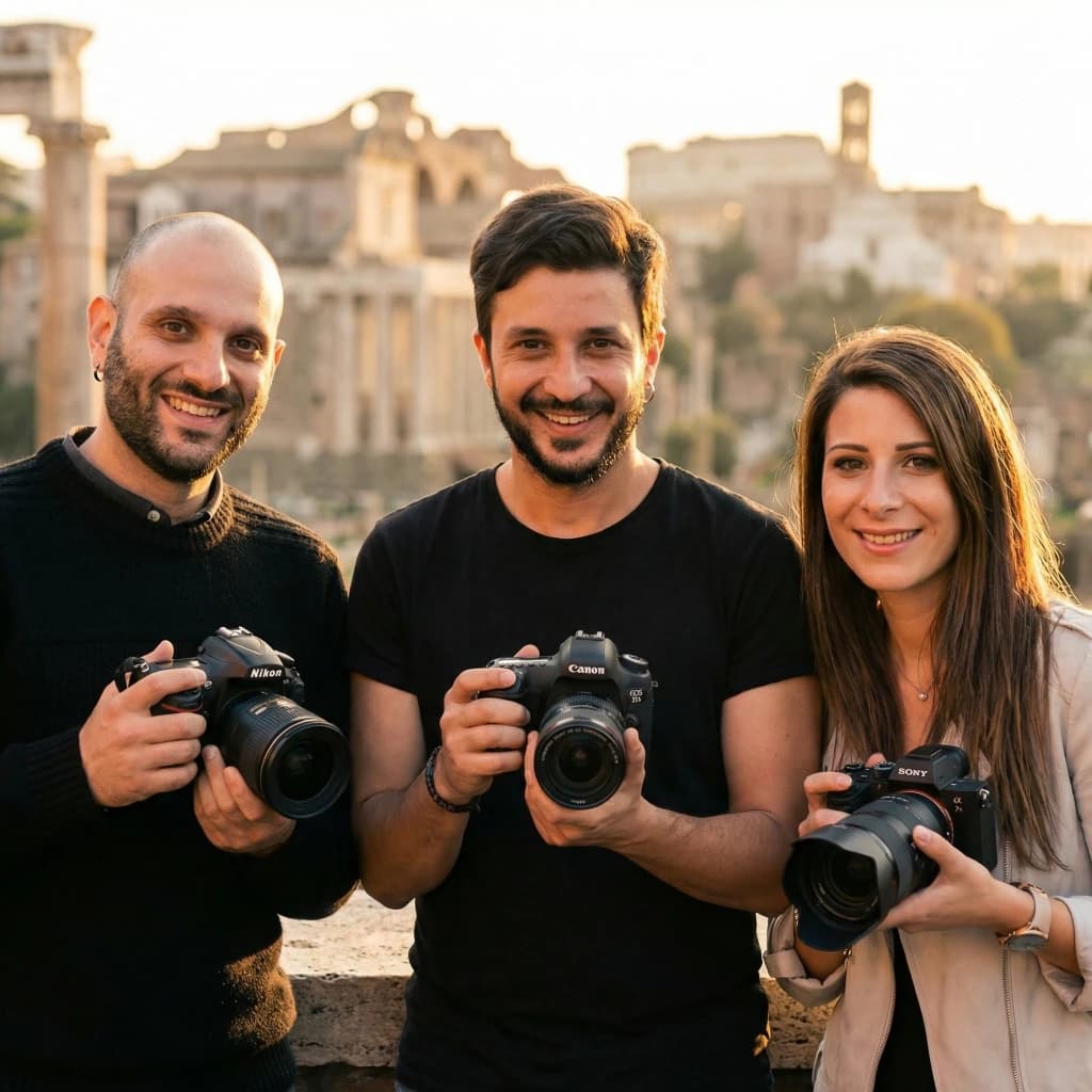 Three photographers holding cameras pose in front of the Colosseum and Roman Forum in Rome